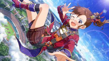 Rule 34 | 1girl, ;d, blue sky, boots, brown eyes, brown hair, brown shorts, card commentary, commentary request, day, dutch angle, flying, futami mami, game cg, goggles, idolmaster, idolmaster (classic), idolmaster million live!, idolmaster million live! theater days, jacket, long sleeves, looking at viewer, official alternate costume, official art, one eye closed, open mouth, outdoors, parachute, red boots, red jacket, short hair, shorts, side ponytail, sky, skydive, smile, solo, stadium, third-party source