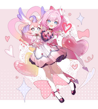 1girl absurdres animal black_choker black_shoes blue_eyes choker commentary_request cyrene_(aedes_elysiae)_(honkai:_star_rail) cyrene_(honkai:_star_rail) dress gloves hair_ornament heart highres holding holding_animal honkai:_star_rail honkai_(series) looking_at_viewer mem_(honkai:_star_rail) multicolored_hair mumu123 open_mouth pink_dress pink_hair shoes short_hair smile socks star-shaped_pupils star_(symbol) symbol-shaped_pupils two-tone_hair white_gloves white_hair white_socks