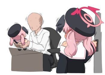 1boy 1girl basukechi black_hat black_shirt black_wings blue_archive blush chair character_doll doll faceless faceless_male halo hat head_wings holding holding_doll koharu_(blue_archive) long_hair long_sleeves on_chair pink_hair puckered_lips red_halo sensei_(blue_archive) shirt sitting twintails white_shirt wings