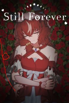 1girl absurdres animal_ears arata_savage bare_shoulders bow breasts brown_hair closed_eyes closed_mouth commentary detached_sleeves dress ear_covers ear_ribbon english_commentary flower hair_between_eyes heart highres horse_ears horse_girl long_hair red_dress red_flower red_rose ribbon rose small_breasts smile solo still_in_love_(scarlet_vow_raiment)_(umamusume) still_in_love_(umamusume) string string_of_fate umamusume veil white_streaks white_veil