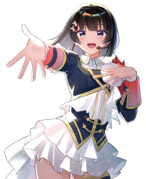 1girl :d black_hair blue_eyes blush commentary contrapposto corsage cowboy_shot hand_on_own_chest headset highres looking_at_viewer nijisanji nijisanji_idol_uniform official_alternate_hairstyle open_mouth reaching reaching_towards_viewer short_hair simple_background smile solo teafrost_56 tsukino_mito untranslatable_commentary virtual_youtuber white_background