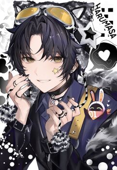 1boy 1other absurdres animal_ears asaba_harumasa asuma_up bandana bandana_around_neck bangboo_(zenless_zone_zero) belt black_hair black_jacket black_nails blue_shirt blush cat_ears character_name choker earrings eous_(zenless_zone_zero) eyewear_on_head fake_animal_ears fur-trimmed_jacket fur_trim hair_between_eyes hat_ornament heart highres jacket jewelry looking_at_viewer male_focus multiple_rings orange_bandana parted_bangs partially_unbuttoned pom_pom_(clothes) ring shirt short_hair shoulder_belt smile snow spoken_heart star_(symbol) star_hat_ornament star_on_cheek striped_hat teeth tinted_eyewear twitter_username white-framed_eyewear white_background yellow-tinted_eyewear yellow_belt yellow_eyes zenless_zone_zero