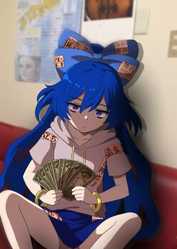 1girl absurdres banknote blue_bow blue_eyes blue_hair blue_skirt bow bracelet grey_hoodie hair_between_eyes hair_bow highres holding holding_money hood hoodie jewelry long_hair looking_at_viewer lunalunachild money skirt solo touhou very_long_hair yorigami_shion