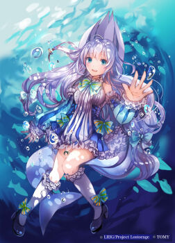 1girl air_bubble blue_dress blue_eyes blue_hair bubble character_request copyright_notice dress frilled_dress frills long_hair looking_at_viewer official_art open_mouth rioka_(southern_blue_sky) smile solo teeth underwater upper_teeth_only very_long_hair water wixoss
