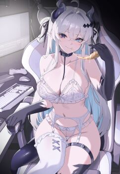 1girl ahoge asymmetrical_horns bare_shoulders belt belt_collar black_horns black_ribbon blue_eyes blue_hair bra breasts chair cheese cheese_trail cleavage closed_mouth collar collarbone colored_extremities colored_inner_hair commentary computer_keyboard computer_mouse controller desk_lamp diamond_(shape) diamond_hair_ornament dragon_girl dragon_horns dragon_tail eating english_commentary fang fingernails food frilled_panties frilled_thighhighs frills game_controller gaming_chair garter_straps groin hair_between_eyes hair_intakes hair_ornament hair_ribbon hand_rest hand_up harness heterochromia highres holding holding_food holding_pizza horns indie_virtual_youtuber indoors lamp large_breasts lingerie long_fingernails long_hair looking_at_viewer mismatched_horns monitor multicolored_hair nvl panties pizza pointy_ears purple_eyes purple_nails ribbon second-party_source sidelighting single_thighhigh skin_fang smile solo strap_slip swivel_chair tail thigh_belt thigh_strap thighhighs two_side_up underwear vaipyre_(vtuber) very_long_hair virtual_youtuber white_bra white_hair white_panties white_thighhighs