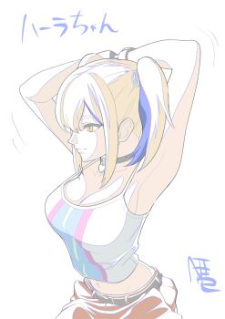 1girl absurdres armpits arms_behind_head black_gloves blonde_hair choker closed_mouth commentary_request gloves gundam gundam_hathaway's_flash hala_morley highres looking_to_the_side multicolored_hair nanziwakamika23 navel orange_eyes simple_background solo solo_focus tank_top twintails two-tone_hair