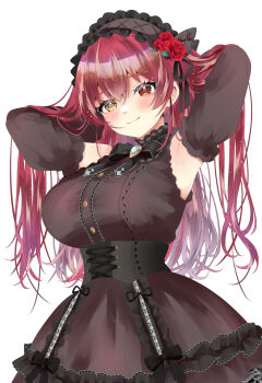 1girl armpits arms_behind_head black_bonnet black_dress black_sleeves blush bonnet breasts detached_sleeves dress flower hair_flower hair_ornament heterochromia highres hololive houshou_marine large_breasts long_hair red_eyes red_flower red_hair red_rose rose rota_kokko smile solo virtual_youtuber yellow_eyes