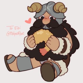 1boy beard bulge_peek deformed dungeon_meshi dwarf facial_hair fake_horns food full_body gift_art heart helmet highres holding holding_food horned_helmet horns long_beard male_focus male_underwear male_underwear_peek melynn_rose mustache senshi_(dungeon_meshi) sitting solo spread_legs thick_mustache underwear very_long_beard