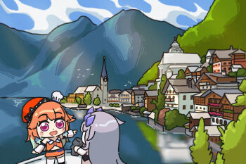 2girls austria bing_huyue blush_stickers building chef_hat chibi church circlet commentary detached_sleeves earrings english_commentary feather_earrings feathers gem gem_hair_ornament gradient_hair hair_flaps hallstatt hat highres hololive hololive_english jewelry koseki_bijou koseki_bijou_(1st_costume) lake long_hair moai moai_(koseki_bijou) mountain multicolored_hair multiple_girls multiple_hats open_mouth orange_hair orange_hat pointing purple_eyes purple_gemstone purple_hair real_world_location scenery simple_bird socks takanashi_kiara takanashi_kiara_(1st_costume) virtual_youtuber white_socks
