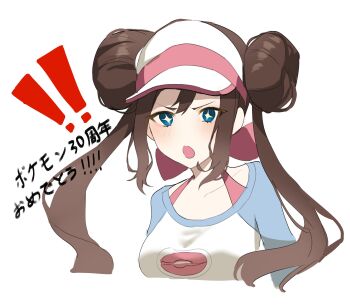 Rule 34 | !, !!, + +, 1girl, :o, blue eyes, brown hair, collarbone, commentary, cropped torso, double bun, hair bun, highres, nintendo, open mouth, pokemon, pokemon bw2, raglan sleeves, rice0new, rosa (pokemon), shirt, sidelocks, simple background, solo, translation request, twintails, visor cap, white background