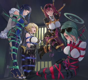 4girls absurdres arms_behind_back bdsm blonde_hair blue_archive blue_hair bondage bound bound_ankles breasts doradofin evelyn_chevalier eyewear_on_head genshin_impact green_hair halo highres honkai_(series) indoors kafka_(honkai:_star_rail) looking_at_viewer mina_(blue_archive) multiple_girls pantyhose pink_hair prison prison_cell red_eyes restrained rope sex_toy shibari shibari_over_clothes suspension vibrator yelan_(genshin_impact) zenless_zone_zero