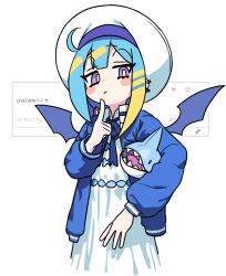 Rule 34 | 1girl, azmira1534815, blonde hair, blue hair, blue jacket, blush stickers, finger to own chin, hat, highres, jacket, lil-la (yu-gi-oh!), live twin lil-la, looking at viewer, multicolored hair, neck ribbon, purple eyes, ribbon, shirt, solo, stuffed animal, stuffed shark, stuffed toy, two-tone hair, white shirt, wings, yu-gi-oh!