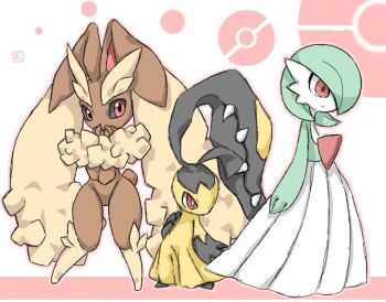 animal_ears bob_cut brown_fur colored_skin dress extra_mouth fangs furry gardevoir gen_3_pokemon gen_4_pokemon green_hair green_skin hair_over_one_eye lop_rabbit_ears lopunny mawile muku_jirushi multicolored_skin nintendo pink_eyes poke_ball_symbol pokemon pokemon_(creature) rabbit_ears two-tone_skin white_dress white_skin yellow_skin