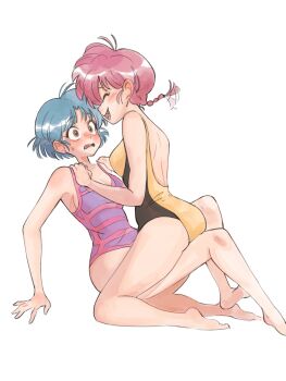 2girls ^_^ antenna_hair arm_support back_cutout barefoot black_one-piece_swimsuit blue_hair braid closed_eyes clothing_cutout commentary embarrassed english_commentary girl_on_top hands_on_another&#039;s_shoulders highres looking_at_another mariadraws97 multiple_girls one-piece_swimsuit open_mouth purple_one-piece_swimsuit ranma-chan ranma_1/2 red_hair short_hair simple_background smile swimsuit tendou_akane two-tone_one-piece_swimsuit white_background yellow_one-piece_swimsuit