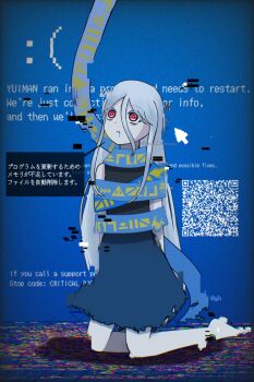 1girl barefoot black_dress blue_screen_of_death commentary_request dress error_message esist_hourai full_body glitch glitch_art hair_between_eyes highres long_hair long_hair_between_eyes looking_at_viewer qr_code red_eyes ribbon_around_body sleeveless sleeveless_dress solo torn_clothes torn_dress touhou white_hair yuiman_asama
