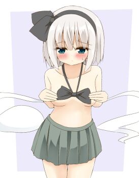 1girl black_bow black_bowtie black_hairband blue_eyes blush bow bowtie breasts closed_mouth collarbone commentary_request covering_nipples covering_privates cowboy_shot embarrassed green_skirt grey_hair hairband hitodama konpaku_youmu konpaku_youmu_(ghost) loose_bowtie medium_breasts medium_hair pleated_skirt shishiky skirt solo sweatdrop topless_female touhou