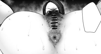 1girl absurdres anal_hair anus ass bar_censor censored close-up excessive_pubic_hair female_pubic_hair greyscale highres looking_at_viewer lying monochrome nude on_back pubic_hair puckered_anus pussy sakura_shiina solo spread_legs sweat