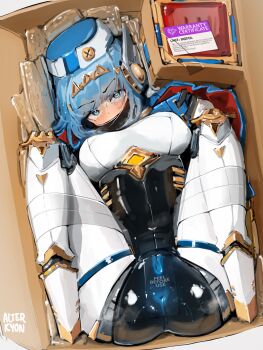 1girl alterkyon blue_eyes blue_hair blue_hat bound bound_legs box breasts bubble_wrap cardboard_box certificate duct_tape folded from_above gag genshin_impact hat highres improvised_gag in_box in_container ineffa_(genshin_impact) large_breasts long_hair looking_at_viewer open_box robot_girl solo tape tape_bondage tape_gag