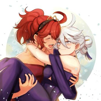 2girls arms_around_neck bare_shoulders black_hairband carrying closed_eyes closed_mouth commentary dress grey_eyes gundam gundam_suisei_no_majo hair_bun hair_up hairband long_hair mamesuk01 miorine_rembran multiple_girls open_mouth ponytail princess_carry purple_dress red_dress red_hair smile suletta_mercury tiara white_hair yuri