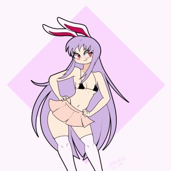 1girl animated animated_gif bikini blush bouncing_breasts breasts breasts_out female_focus highres long_hair looking_at_viewer purple_hair rabbit_ears rabbit_girl red_eyes reisen_udongein_inaba skirt small_breasts solo standing swimsuit thighhighs thong touhou white_thighhighs zedrin