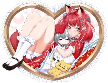 2girls akami_karubi cat_girl commentary_request frilled_socks frills gradient_eyes heart_frame highres holding_chibi indie_virtual_youtuber mary_janes medium_hair multicolored_eyes multiple_girls puffy_cheeks red_hair shoes smile socks takatun223 virtual_youtuber white_socks