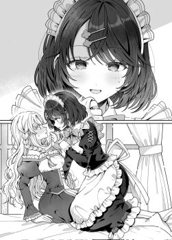 Rule 34 | 2girls, apron, blush, braid, commentary request, corrupted twitter file, curtains, dress, frilled apron, frills, greyscale, hair ornament, hairclip, highres, juliet sleeves, long hair, long sleeves, maid, maid headdress, meido ni chikaramake suru nante shikatanain desuka?, monochrome, multiple girls, off-shoulder dress, off shoulder, open mouth, puffy sleeves, rococomm123, second-party source, short hair, side braid, smile, yuri