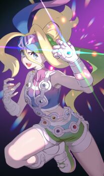 1girl bandolier bare_shoulders belt bike_shorts blonde_hair blue_eyes blue_hair blue_shirt blue_shorts breasts crop_top fingerless_gloves gloves glowing gradient_clothes gradient_shirt gradient_shorts green_hair green_shorts hair_between_eyes highres korrina_(pokemon) long_hair looking_at_viewer mega_evolution_symbol mega_stone midriff multicolored_hair nintendo open_mouth pokemon pokemon_legends:_z-a purple_hair purple_shirt shirt shorts sleeveless smile solo teeth teo_(telo_ruka) upper_teeth_only white_gloves