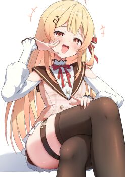 +++ 1girl :d absurdres ahoge bass_clef beamed_eighth_notes blonde_hair blush brown_dress brown_sailor_collar brown_thighhighs brown_trim buttons clothing_cutout collar commentary crossed_legs dot_nose double-breasted double-parted_bangs dress eighth_note feet_out_of_frame fortissimo frilled_dress frilled_sleeves frills gold_trim gradient_hair hair_ornament hair_ribbon hairclip hand_on_own_face hand_on_own_knee hand_up head_tilt highres hololive hololive_dev_is invisible_chair laughing long_hair long_sleeves looking_at_viewer multicolored_hair musical_note musical_note_hair_ornament neck_ribbon one_side_up open_mouth orange_hair otonose_kanade otonose_kanade_(1st_costume) plaid_clothes plaid_dress raised_inner_eyebrows red_eyes red_ribbon ribbon sailor_collar sharp_sign shirt shoulder_cutout sidelocks simple_background sitting skindentation smile smug solo swept_bangs teeth thick_thighs thigh_strap thighhighs thighs two-tone_hair upper_teeth_only virtual_youtuber white_background white_shirt yakamoto zettai_ryouiki
