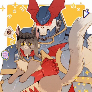 2boys adeptus_astartes animal animalization armor ben-day_dots blue_armor cat clothed_animal commentary commentary_request corona_nox_(warhammer) crown cursor english_commentary frown highres holding holding_animal jago_sevatarion konrad_curze looking_at_viewer magicalduck21 mixed-language_commentary motion_lines multiple_boys night_lords notched_ear power_armor primarch red_eyes screentones slit_pupils spoken_squiggle square squiggle warhammer_40k yellow_background yellow_eyes