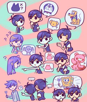 Rule 34 | !, ..., 1girl, 4boys, :>, ?, ??, antenna hair, black eyes, black hair, black tank top, blue shirt, blush, bow, bright pupils, brothers, character request, check character, check copyright, chibi, chibi only, closed mouth, colored skin, copyright request, disney, doraemon, doraemon (character), double-parted bangs, dual persona, expressionless, hair between eyes, hair bow, highres, holding, holding spatula, laser-lance, long hair, long sleeves, multiple boys, omori, open mouth, pajamas, parted lips, pink bow, pluto (disney), pluto (omori), pointing, pointing at another, pointing at self, purple eyes, purple hair, shirt, short hair, short sleeves, siblings, spatula, speech bubble, spoken character, spoken ellipsis, spoken question mark, spongebob squarepants, spongebob squarepants (series), striped clothes, striped pajamas, tank top, triangle mouth, vertical-striped clothes, vertical-striped pajamas, white pupils, white skin, x (symbol)