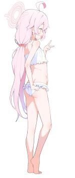 1girl absurdres ahoge ass barefoot bikini blue_archive frilled_bikini frills from_behind full_body halo heel_up highres hoshino_(blue_archive) hoshino_(swimsuit)_(blue_archive) long_hair looking_ahead open_mouth pink_hair pink_halo s10021 simple_background smile solo standing swimsuit v very_long_hair white_background white_bikini