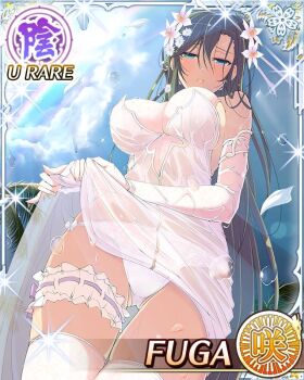 1girl :o after_rain blue_eyes border breasts bride card_(medium) character_name cleavage daisy_(flower) dress elbow_gloves english_text flower from_below fuga_(senran_kagura) game_cg gloves green_hair hair_flower hair_ornament half-closed_eyes large_breasts lily_(flower) long_hair looking_at_viewer looking_down mole mole_under_eye official_alternate_costume official_art panties rainbow_order see-through_clothes see-through_dress senran_kagura senran_kagura_new_wave skindentation solo swept_bangs thigh_strap thighhighs underwear wedding_dress wet white_dress white_flower white_gloves white_panties white_thighhighs wringing_clothes