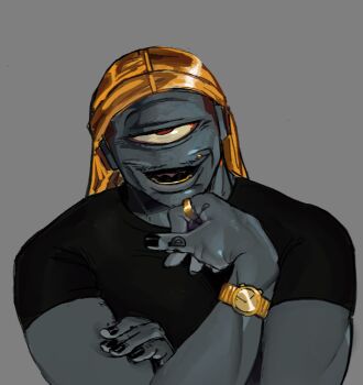 Rule 34 | alternate muscle size, alternate skin color, black nails, colored skin, commentary, cyclops, dark-skinned male, dark skin, english commentary, facial hair, gold bandana, gold ring, gold wristwatch, grey background, grey skin, grills, jogo (jujutsu kaisen), jujutsu kaisen, mustache stubble, one-eyed, shirt, solo, stubble, tight clothes, tight shirt, zombtuna