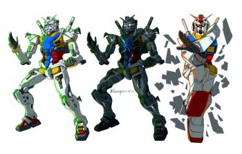 armor artist_name break breaking commentary crack fighting_stance gundam gundam_gquuuuuux kin-san_(sasuraiga) looking_at_viewer mecha mecha_focus mobile_suit ninja_slayer no_humans purple_eyes robot rx-78-2_gundam science_fiction simple_background spoilers twitter_username v-fin white_background white_gundam yellow_eyes