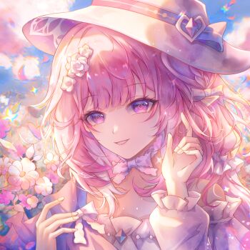 Rule 34 | 1girl, alternate costume, blue sky, chinese commentary, commentary request, cyrene (demiurge) (honkai: star rail), cyrene (honkai: star rail), danli suri, diamond-shaped pupils, diamond (shape), dress, falling petals, flower, hat, highres, honkai: star rail, honkai (series), long hair, looking at viewer, multicolored hair, petals, pink hair, pointy ears, purple eyes, sky, smile, solo, symbol-shaped pupils, two-tone hair, very long hair, white dress, white hair, white hat