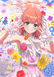 Rule 34 | 1girl, :d, air bubble, blue flower, blush, bubble, commentary request, crossed bangs, dated, dress, flower, frilled gloves, frills, gloves, gradient dress, green eyes, grin, hampem7, hands up, highres, hinoshita kaho, layered dress, link! like! love live!, link to the future (love live!), looking at viewer, love live!, medium hair, open mouth, orange hair, pink dress, pink flower, purple flower, red flower, sleeveless, sleeveless dress, smile, solo, twitter username, two side up, underwater, virtual youtuber, white dress, white gloves, yellow flower