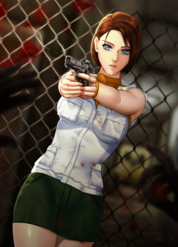 1girl aiming blue_eyes brown_hair capcom cosplay crossover esther_shen green_skirt gun handgun heather_mason heather_mason_(cosplay) holding holding_gun holding_weapon jill_valentine konami paid_reward_available resident_evil short_hair silent_hill_(series) silent_hill_3 skirt vest weapon white_vest wire_fence