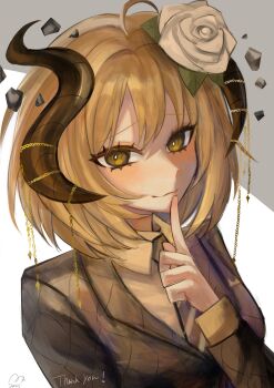 1girl ahoge blonde_hair chain commission eyelashes flower hair_flower hair_ornament highres horns jacket necktie original rose shirt skeb_commission smile solo usagimarumei white_flower white_rose