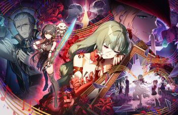 Rule 34 | abby (wuthering waves), beamed eighth notes, black boots, black dress, black hair, blonde hair, boots, breasts, broken glass, character counter request, closed mouth, commentary, cristoforo (wuthering waves), cross-laced clothes, cross-laced dress, dl (dl 6ix), dress, dual persona, elbow pads, english commentary, female rover (wuthering waves), fenrico (wuthering waves), finger to mouth, flower, glass, green eyes, grey eyes, grey hair, hair ribbon, half-closed eyes, hand on own chest, highres, holding, holding sword, holding weapon, large breasts, long hair, loose bandages, male rover (wuthering waves), mature male, musical note, nail polish, parted lips, people, phrolova (wuthering waves), red dress, red eyes, red nails, revision, ribbon, rover (wuthering waves), scar (wuthering waves), shushing, spider lily, standing, sword, thigh boots, thighs, triss (wuthering waves), weapon, wuthering waves, yellow ribbon