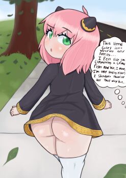 1girl absurdres ahoge anya_(spy_x_family) ass black_dress blush child cone_hair_bun dress english_text feet_out_of_frame female_focus from_behind gluteal_fold green_eyes hair_bun highres kyojiri_loli leaf loli looking_at_viewer looking_back medium_hair open_mouth outdoors paid_reward_available pink_hair road shiny_skin sidewalk solo speech_bubble spy_x_family standing thighhighs thought_bubble tree trolltoll white_thighhighs