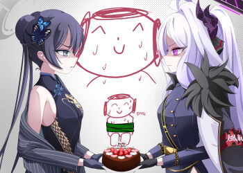 Rule 34 | 1boy, 2girls, absurdres, ahoge, birthday, birthday cake, black gloves, black hair, blue archive, breasts, butterfly hair ornament, cake, china dress, chinese clothes, commentary request, demon girl, demon horns, doodle sensei (blue archive), double bun, dress, food, gloves, hair bun, hair ornament, highres, hina (blue archive), horns, kisaki (blue archive), loang-lipe, long hair, multiple girls, purple eyes, sensei (blue archive), small breasts, twintails, upper body, white hair