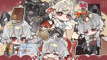 1girl absurdres ahoge anger_vein arm_strap black_choker black_horns black_pants book can canned_coffee chibi chibi_only chinese_commentary choker closed_mouth commentary_request curled_horns diggy_duggy_(wuthering_waves) drink_can earrings grey_hair hair_between_eyes highres holographic_interface horns jewelry key_earrings looking_at_viewer mole mole_under_eye multiple_views necktie pants red_eyes red_necktie saucer_(saucer752) shield shirt stuffed_toy white_shirt wuthering_waves zani_(wuthering_waves)