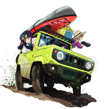 2girls absurdres ayukawa_madoka black_hair canoe car closed_mouth driving full_body hat highres hiyama_hikaru kimagure_orange_road long_hair motor_vehicle multiple_girls open_mouth oshiyama_kiyotaka outdoors retro_artstyle short_hair smile suzuki_(company) suzuki_jimny