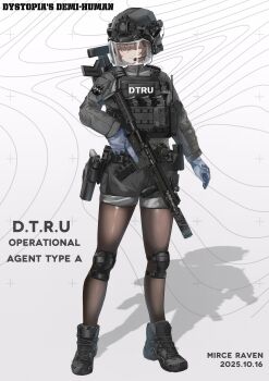 1girl absurdres ammunition_pouch artist_name assault_rifle belt belt_pouch black_boots black_helmet black_shorts blue_gloves blunt_bangs body_cam boots brown_hair brown_pantyhose bulletproof_vest character_name chinese_commentary closed_mouth combat_helmet dated ear_protection english_text face_shield fast_helmet frown full_body gloves grenade_launcher grey_background grey_jacket gun h&amp;k_hk69 handgun headset helmet highres holding holding_gun holding_weapon holster jacket knee_pads laser_sight load_bearing_vest long_sleeves m4_carbine magazine_(weapon) optical_sight original pantyhose pouch rangercrow rifle shadow short_hair shorts sidelocks simple_background solo standing suppressor tactical_clothes thigh_holster trigger_discipline turtleneck turtleneck_jacket unit_patch vertical_foregrip walkie-talkie weapon weapon_on_back weapon_request