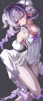 1girl ahoge air_bubble arm_up blush breasts bubble choker cleavage covered_navel detached_sleeves frills goddess_of_victory:_nikke hair_between_eyes hair_intakes hairband headgear highres leotard liberalio_(nikke) long_sleeves looking_to_the_side medium_breasts pantyhose purple_hair red_eyes short_hair_with_long_locks shupita signature sleeves_past_fingers sleeves_past_wrists solo underwater white_choker white_leotard white_pantyhose white_sleeves