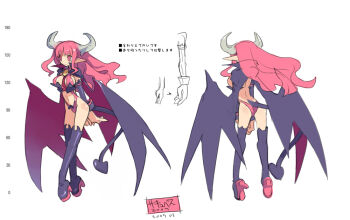 00s 2007 2girls arm_warmers bat_wings black_legwear boots breasts concept_art demon_girl demon_horns demon_tail detached_sleeves disgaea dual_persona full_body harada_takehito height_chart high_heel_boots high_heels horns long_hair multiple_girls multiple_views necktie official_art pink_eyes pink_hair platform_boots platform_footwear platform_heels pointy_ears revealing_clothes smile succubus_(disgaea) tail thigh_boots thighhighs translation_request white_background wings