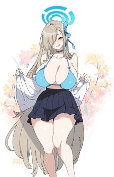 1girl alternate_breast_size_(larger) asuna_(blue_archive) black_skirt blue_archive blue_bra blue_eyes bra breasts cleavage collar grey_hair hair_over_one_eye halo highres huge_breasts long_hair mole mole_on_breast open_mouth pleated_skirt r3dfive simple_background skirt smile solo thighs underwear white_background