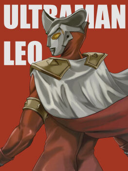 1boy alien ass cape character_name copyright_name english_text from_behind gem gem_on_head highres jinri_shijie kaijin looking_at_viewer looking_back muscular muscular_arms muscular_male red_background seijin simple_background superhero_costume tsuburaya_productions ultra_series ultraman_leo ultraman_leo_(series) wind yellow_eyes