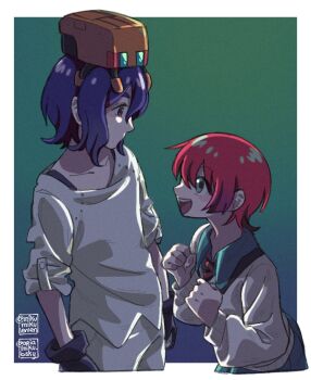 1boy 1girl amate_yuzuriha aqua_shirt aqua_skirt ariamikukanzaki black_gloves blue_hair clenched_hands commentary_request conch_(gundam) gloves green_eyes gundam gundam_gquuuuuux height_difference necktie on_head open_mouth pleated_skirt red_eyes red_hair shirt short_hair shuji_ito signature skirt sleeves_pushed_up smile striped_necktie