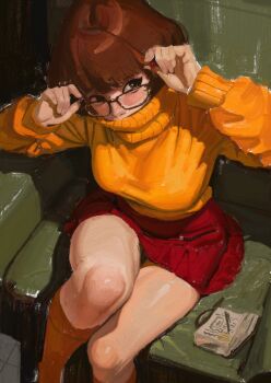 Rule 34 | 1girl, antsiart, armchair, black-framed eyewear, breasts, brown hair, chair, commentary, covered mouth, english commentary, feet out of frame, glasses, highres, kneehighs, knees together feet apart, large breasts, miniskirt, orange socks, orange sweater, red skirt, scooby-doo (series), short hair, sitting, skirt, socks, solo, sweater, taut clothes, taut sweater, thighs, turtleneck, turtleneck sweater, velma dinkley